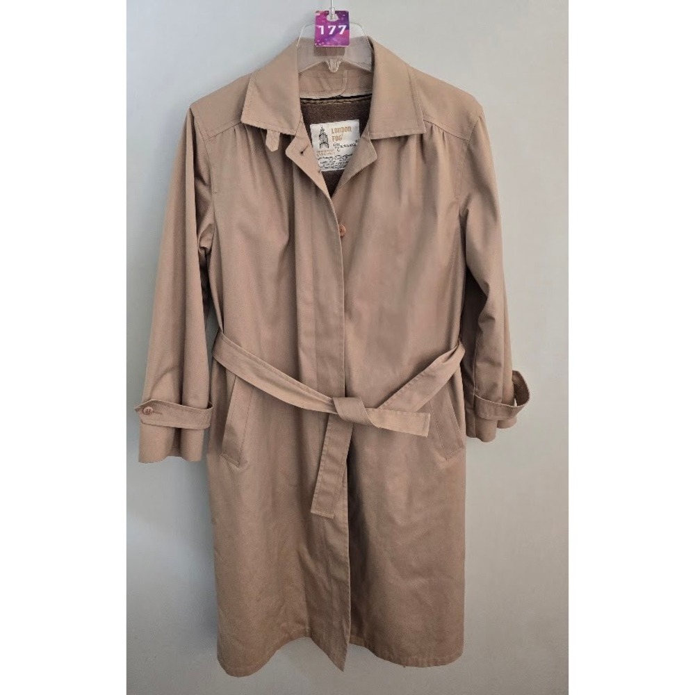 VTG London Fog Womens Trench Coat Tan Belted Long Sleeve Lined Minimalist Size 8